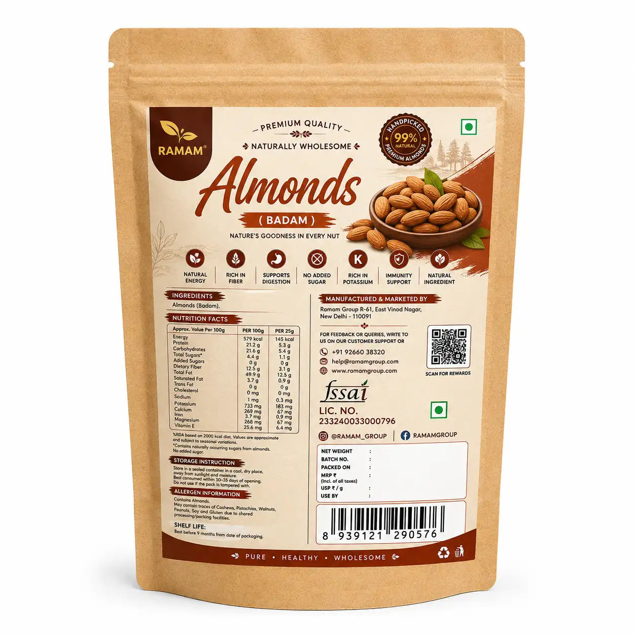 Ramam Almonds (Badam), Dry Fruit for Everyday Snacking and Recipes - Pack of 1