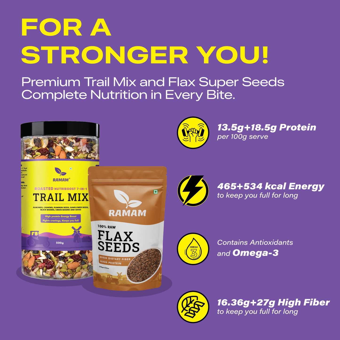 Ramam Flax Seeds 250g & Nutriboost Premium 7 in 1 Trail Mix 500g | Healthy Combo |