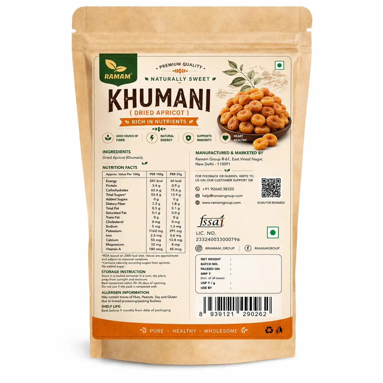 Ramam Khumani Dried Apricot, Dry Fruit for Everyday Snacking, Cooking and Baking - Pack of 1