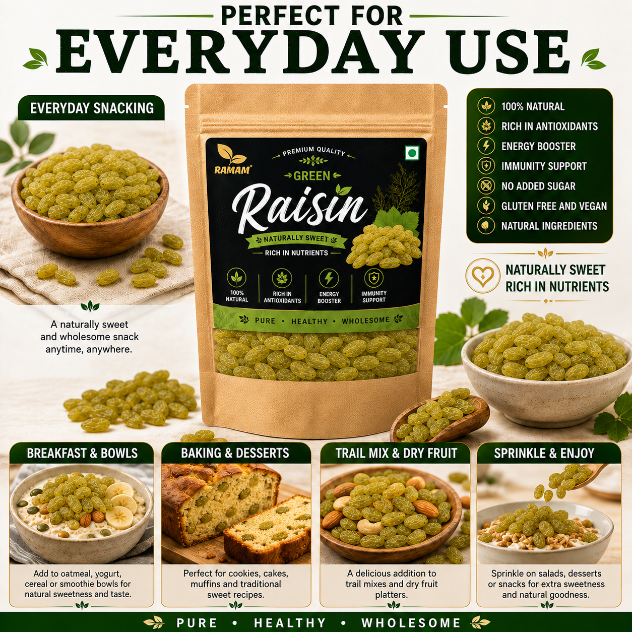 Ramam Green Raisins | Premium Natural Kishmish, Sweet & Juicy Dry Fruits, Healthy Snacking - Pack of 1