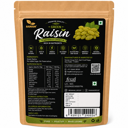 Ramam Green Raisins | Premium Natural Kishmish, Sweet & Juicy Dry Fruits, Healthy Snacking - Pack of 1