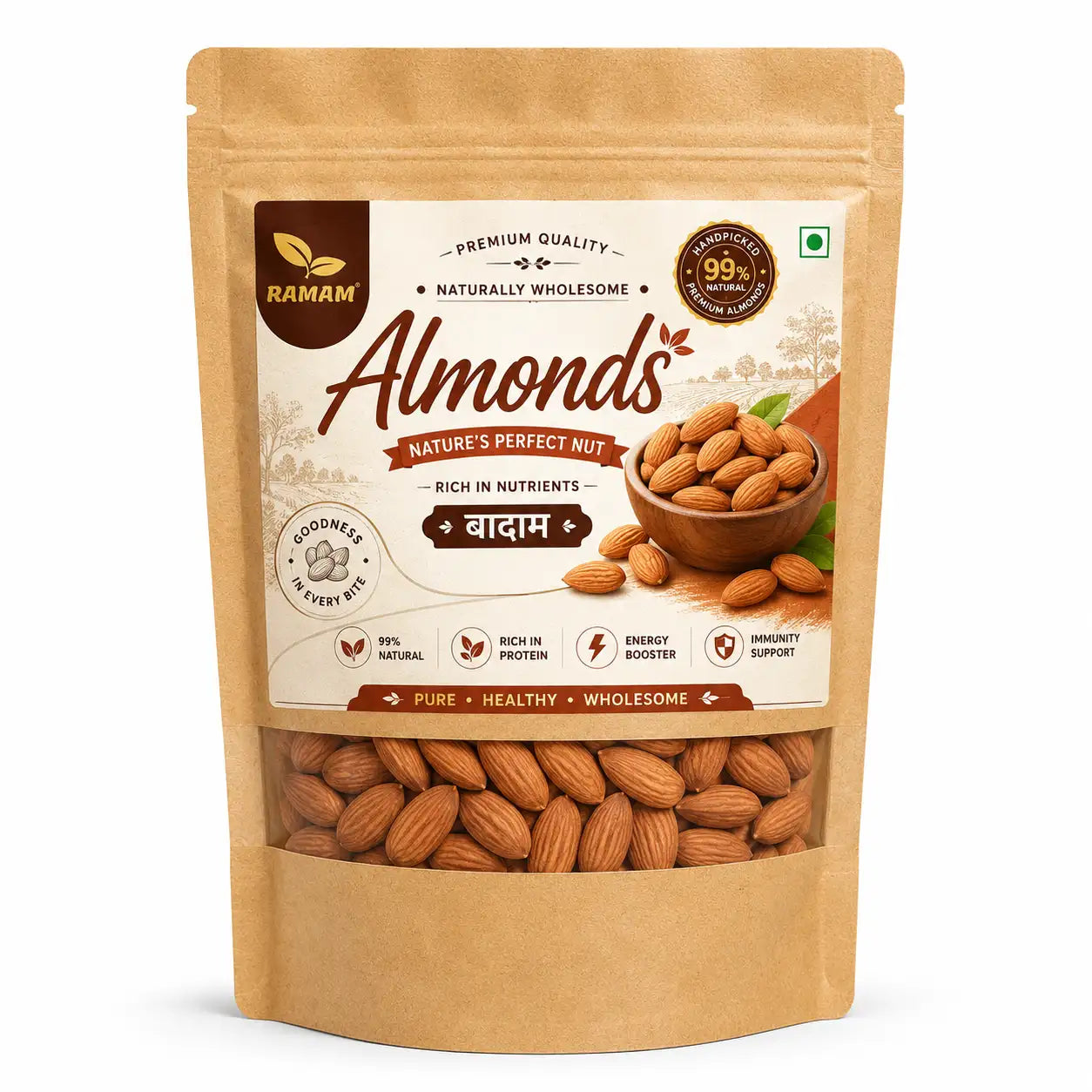 Ramam Almonds (Badam), Dry Fruit for Everyday Snacking and Recipes - Pack of 1