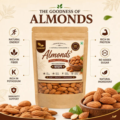Ramam Almonds (Badam), Dry Fruit for Everyday Snacking and Recipes - Pack of 1