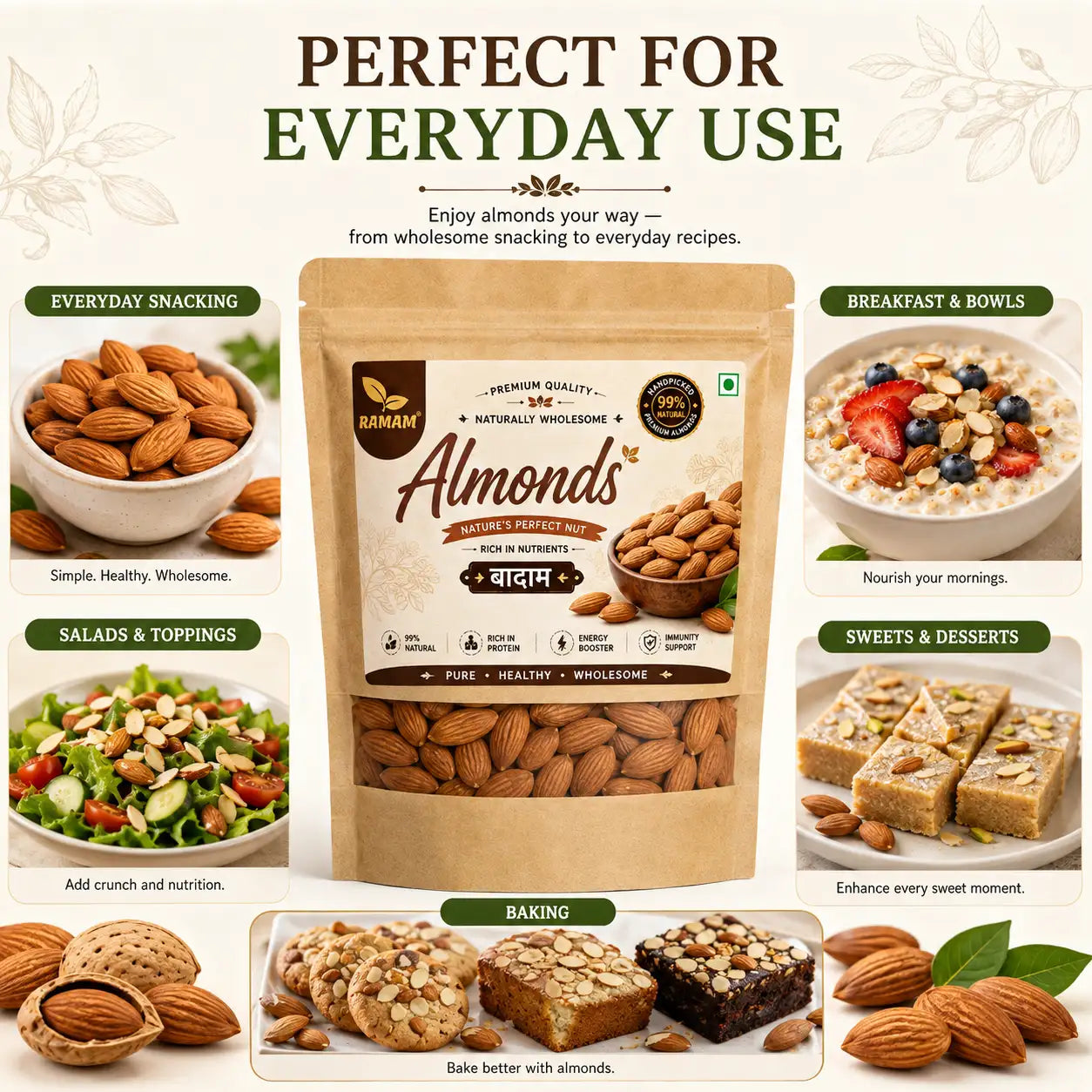 Ramam Almonds (Badam), Dry Fruit for Everyday Snacking and Recipes - Pack of 1