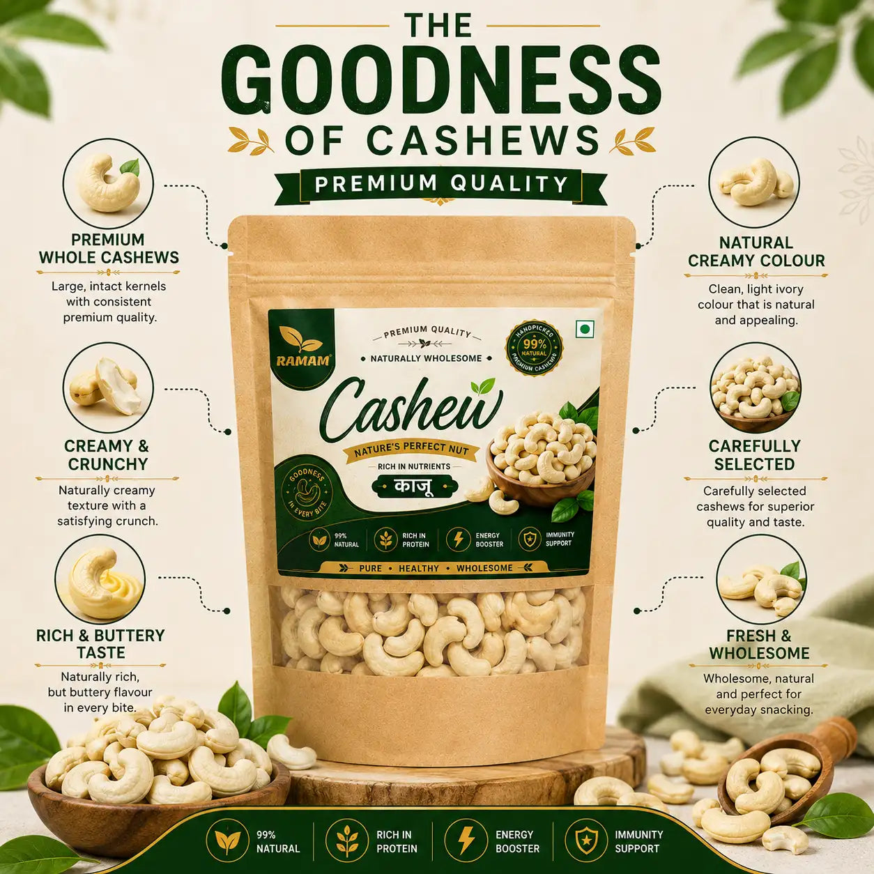 Ramam Premium Cashews | Whole Cashew Nuts, Dry Fruits, Kaju, Healthy Snacking & Cooking - Pack of 1