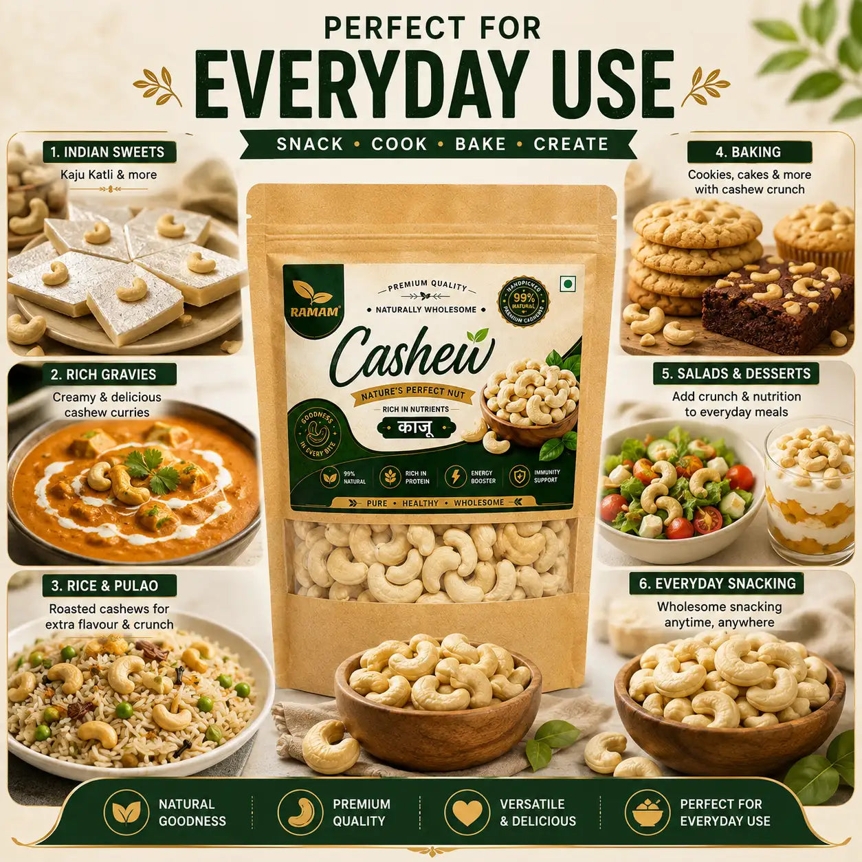 Ramam Premium Cashews | Whole Cashew Nuts, Dry Fruits, Kaju, Healthy Snacking & Cooking - Pack of 1