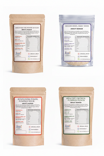 Ramam Roasted Flax, Sunflower, Pumpkin & White Sesame Seeds Combo Pack (4 × 150g)