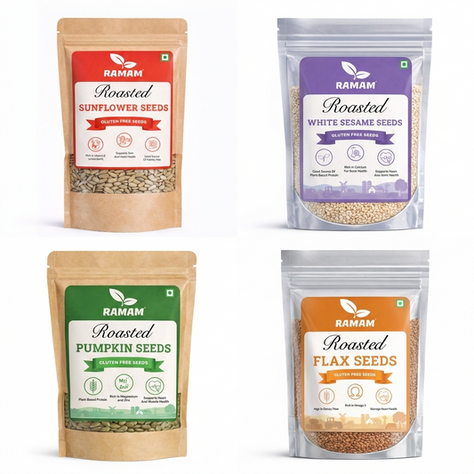 Ramam Roasted Flax, Sunflower, Pumpkin & White Sesame Seeds Combo Pack (4 × 150g)