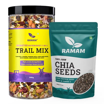Ramam Nutriboost Premium 7 in 1 Trail Mix 500g & Chia Seeds 500g |Healthy Combo |