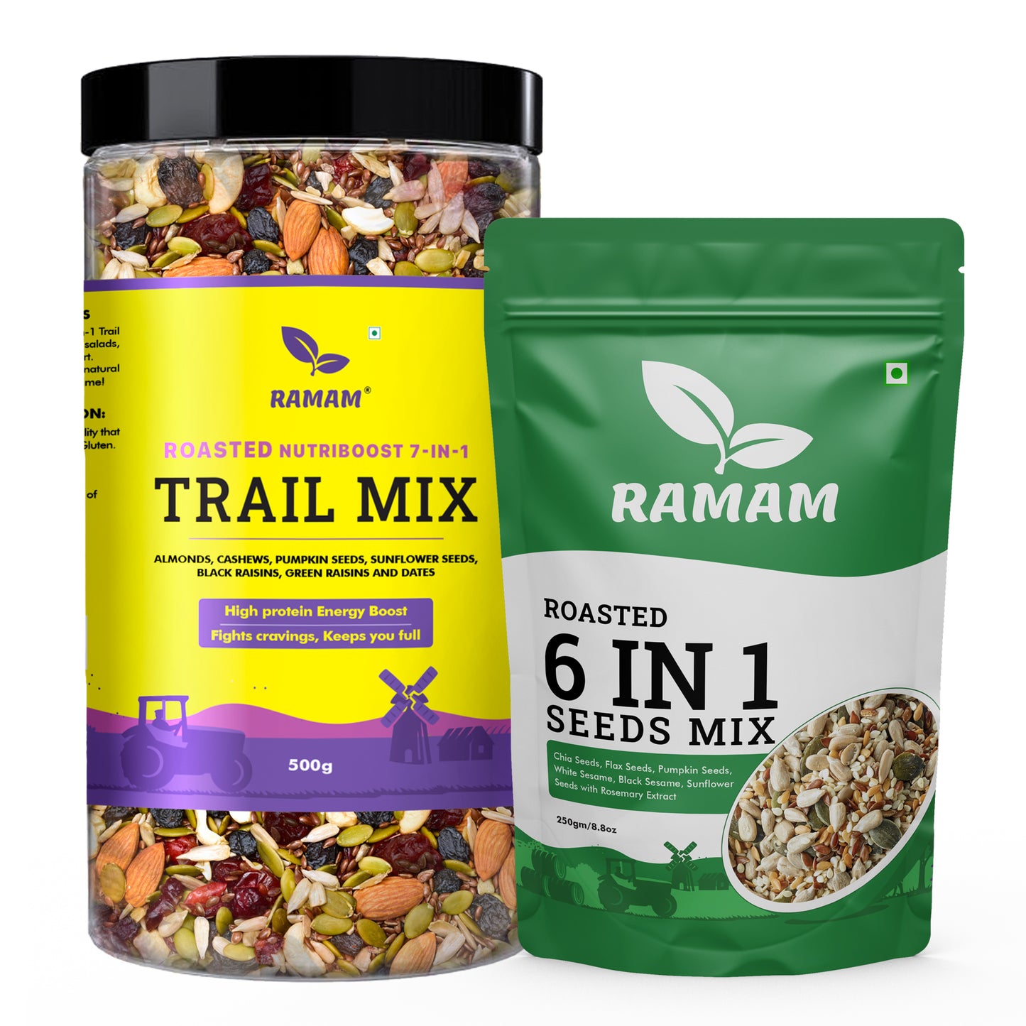 Ramam 6 in1 Mix Roasted Seeds 250g & Nutriboost Premium 7 in 1 Trail Mix 500g | Healthy Roasted Combo |