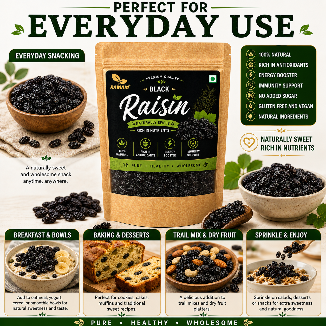Ramam Black Raisins | Pack of 1 | Premium Seedless Kali Kishmish, Natural Dry Fruits, Healthy Snacking