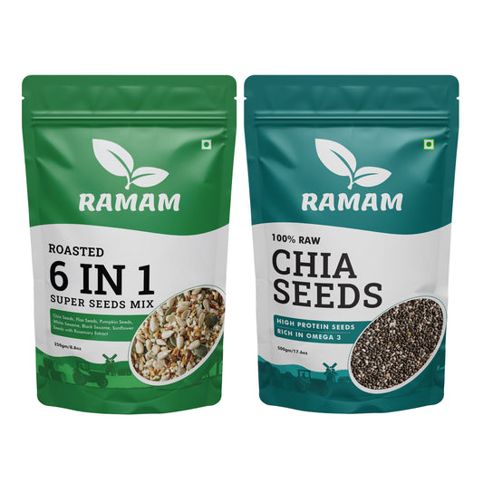 Roasted 6 in 1 Mix Seeds 250g and Raw Chia Seeds 500g Combo - 750g